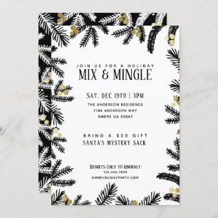 Moderne Black & Gold Pine en Berries Vakantie Part Kaart