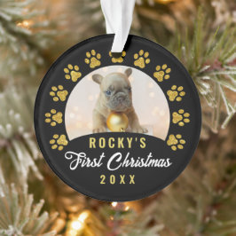 Moderne Black Gold Puppy Dog First-kerstfoto Ornament