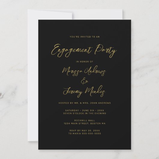 Moderne Black Gold Script Engagement Party Kaart (Voorkant)