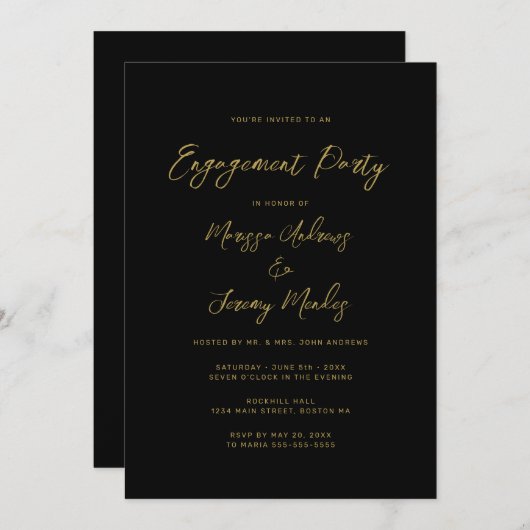 Moderne Black Gold Script Engagement Party Kaart (Voorkant / Achterkant)