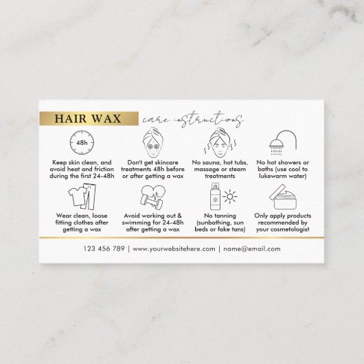 Moderne Black & Gold Waxing Nazorg Instructies Visitekaartje (Achterkant)