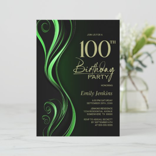 Moderne Black Green 100ste verjaardagsfeestje Kaart (Staand voorkant)