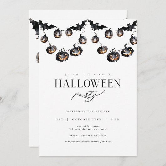 Moderne Black Halloween Party Uitnodiging (Voorkant / Achterkant)