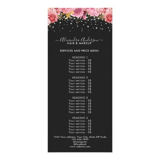 Moderne Black Pink Bloem Diamonds Glitter Prijs Reclamekaart (Voorkant)