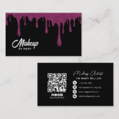 Moderne Black & Pink Glitter Drips QR Code Make-up Visitekaartje (Voorkant / Achterkant)