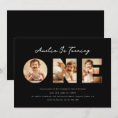 Moderne Black Script Fotocollage Eerste Verjaardag Kaart (Voorkant / Achterkant)