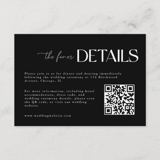 Moderne Black Script QR Code Wedding Informatiekaartje (Voorkant)
