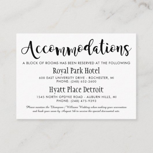 Moderne Black Script Wedding Accommodations Informatiekaartje (Voorkant)