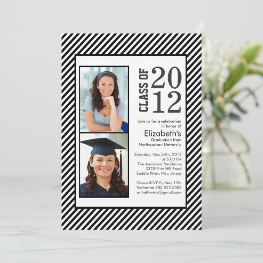 Moderne Black Stripes Photo Afstuderen-uitnodiging Kaart (Staand voorkant)