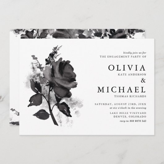 Moderne Black Waterverf Roos Engagement Party Kaart (Voorkant / Achterkant)