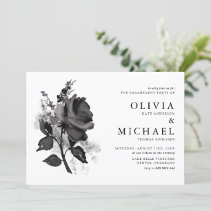 Moderne Black Waterverf Roos Engagement Party Kaart