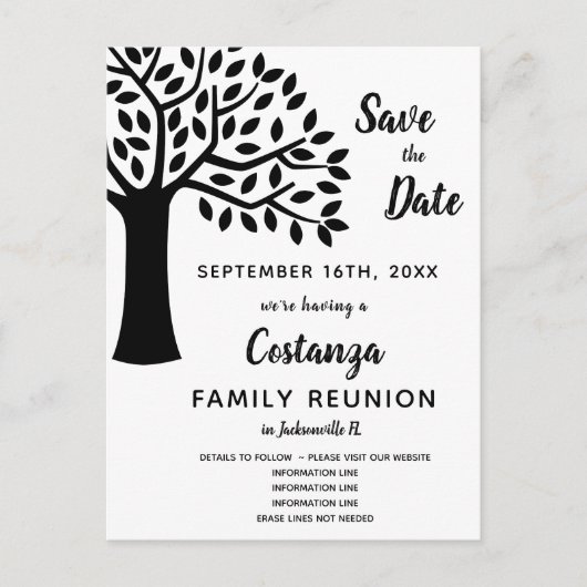 Moderne Black & White Family Reünie Save the Date Briefkaart (Voorkant)