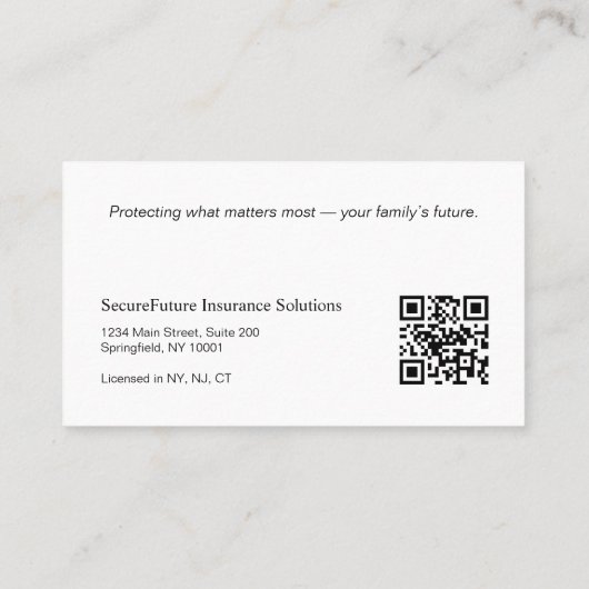 Moderne Black White Life Insurance Broker QR-code Visitekaartje (Achterkant)