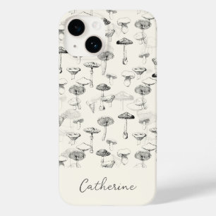 Moderne Black White Mushroom Naam op Zwart Case-Mate iPhone 14 Hoesje
