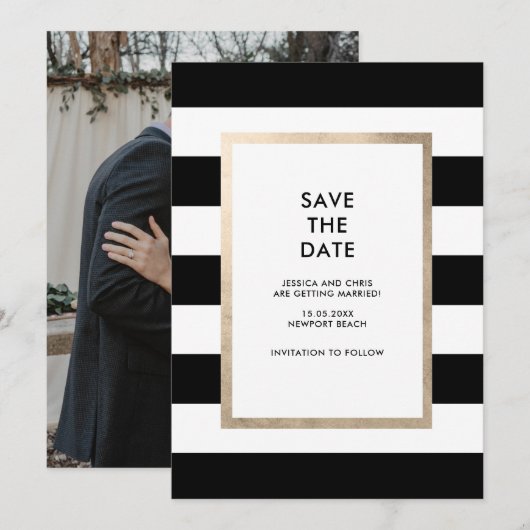 Moderne Black White Stripe Roos Gold Foil Foto Kaart (Voorkant / Achterkant)