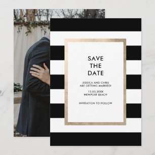 Moderne Black White Stripe Roos Gold Foil Foto Kaart