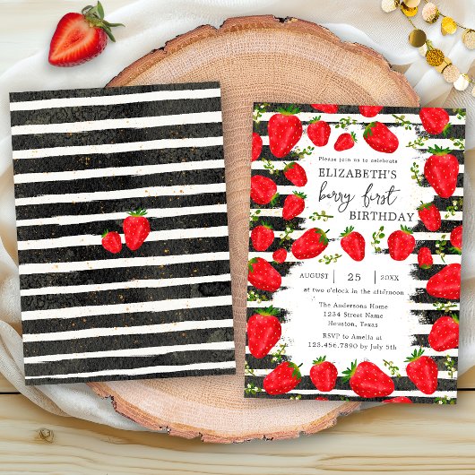 Moderne Black White Stripes Aardbei 1e verjaardag Kaart