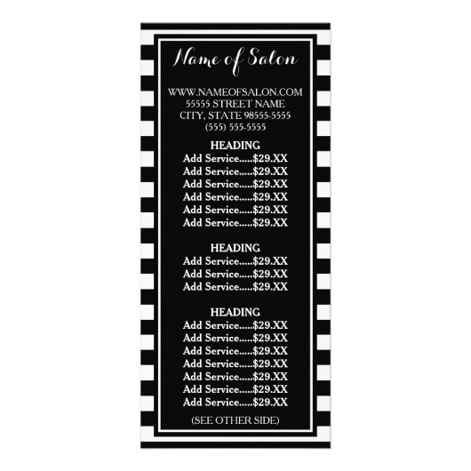 Moderne Black White Stripes Schoonheidssalon Prijs Reclamekaart (Voorkant)