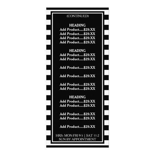 Moderne Black White Stripes Schoonheidssalon Prijs Reclamekaart (Achterkant)