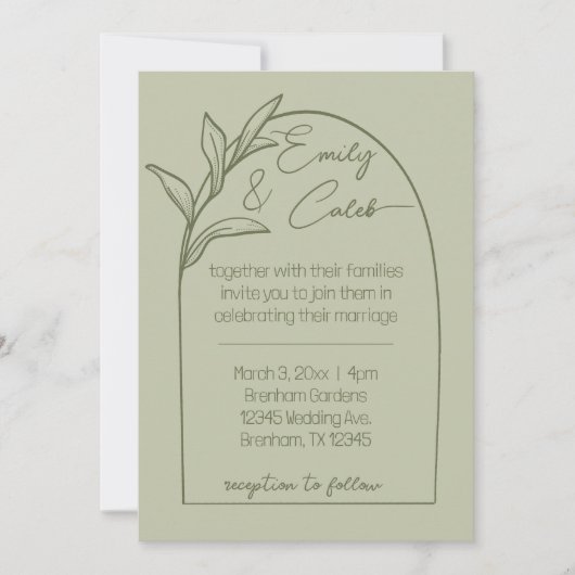 Moderne Bladboog Sage Groene Bruiloft Kaart (Voorkant)