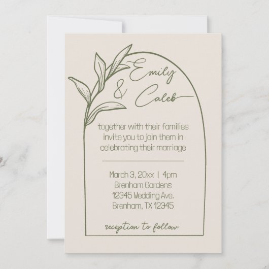 Moderne Bladboog Tan & Groene Bruiloft Kaart (Voorkant)