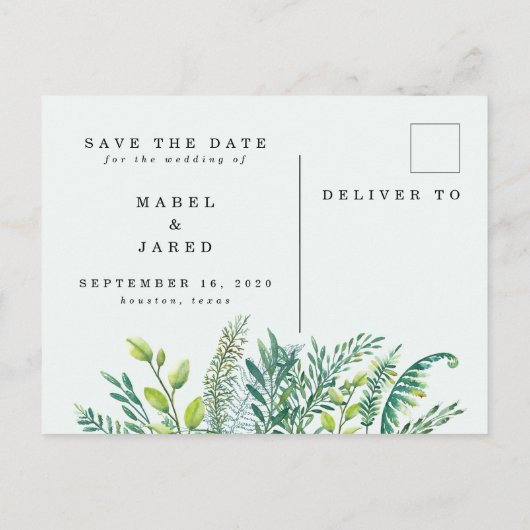 Moderne bladeren bewaren de datum briefkaart. aankondigingskaart (Achterkant)