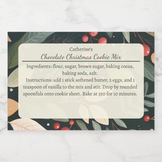 Moderne Bladeren en Bessen Kerst Bakmix Voedselcontainer Etiket (Enkel label)