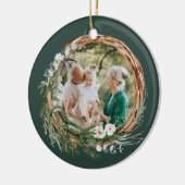 Moderne bladeren met foto kerstgroen keramisch ornament (Links)