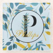 Moderne bladeren Navy Gouden Monogram "Letter P" Glazen Onderzetter (Voorkant)