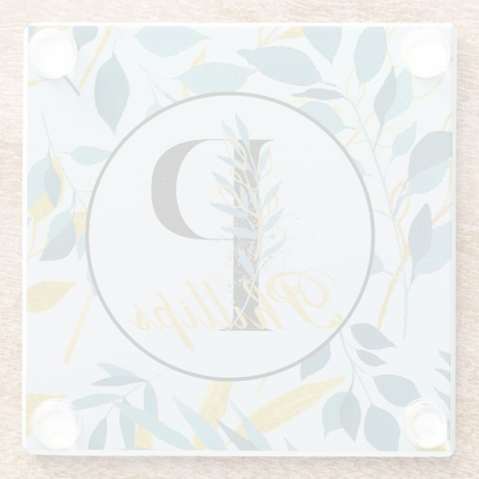 Moderne Bladeren Navy Gouden Monogram "Letter P" Glazen Onderzetter (Achterkant)