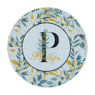 Moderne Bladeren Navy Gouden Monogram "Letter P" Snijplank