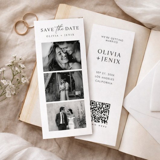 Moderne bladwijzer fotostrip QR-code bruiloft Save The Date