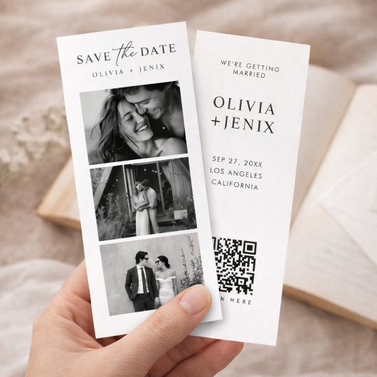 Moderne bladwijzer fotostrip QR-code bruiloft Save The Date