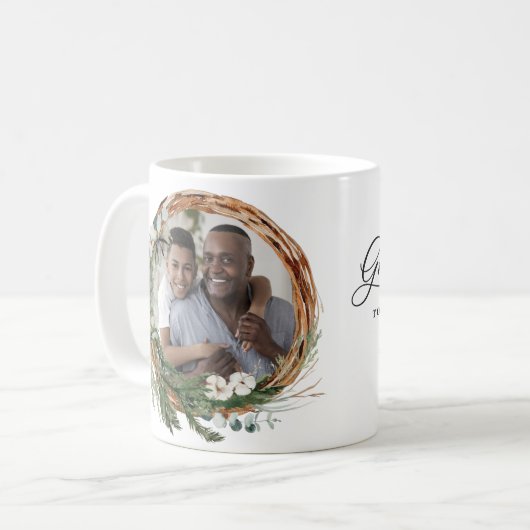 Moderne bladzijden met opa-scriptblad met foto koffiemok (Voorkant links)