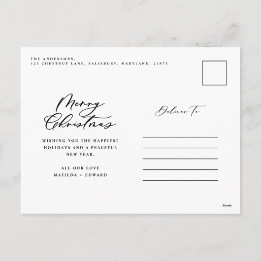 Moderne bladzijden met vrolijk kerstscript feestdagenkaart (Achterkant)