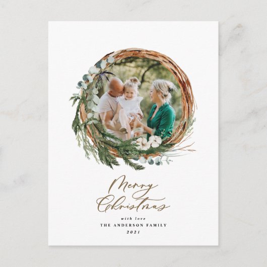 Moderne bladzijden met vrolijk kerstscript feestdagenkaart (Voorkant)