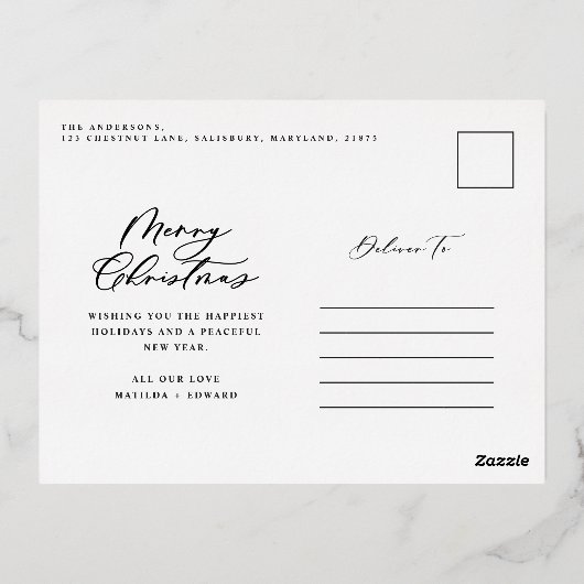 Moderne bladzijden met vrolijk kerstscript folie feestdagen briefkaart (Achterkant)