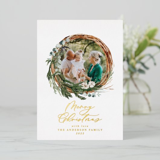 Moderne bladzijden met vrolijk kerstscript folie feestdagenkaart (Staand Voorkant)