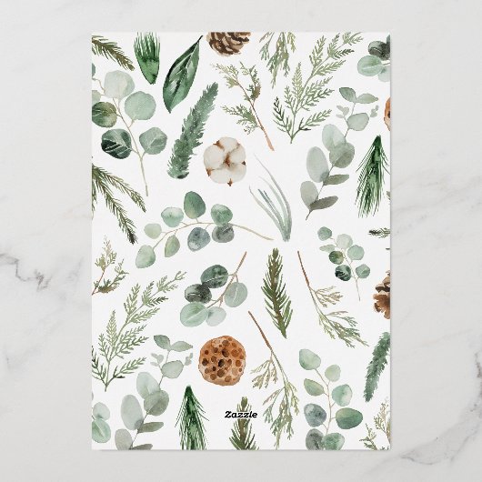 Moderne bladzijden met vrolijk kerstscript folie feestdagenkaart (Achterkant)