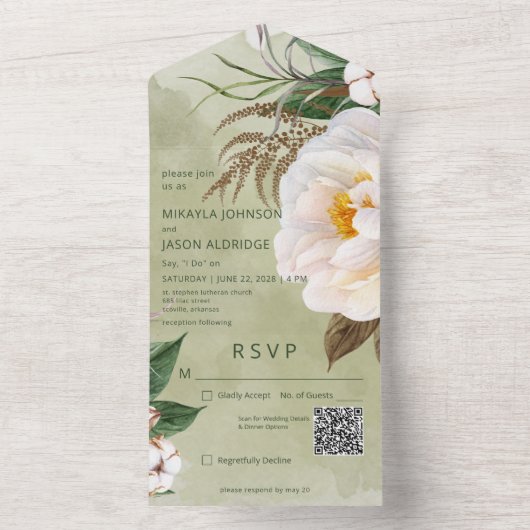 Moderne blanke volken over Sage Green QR Code All In One Uitnodiging (Binnen)