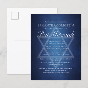 Moderne Blau-Witte Typografie Formele Bat Mitzvah Uitnodiging Briefkaart