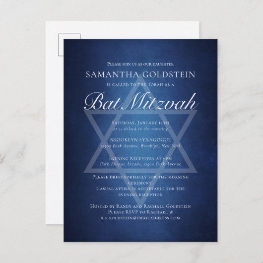 Moderne Blau-Witte Typografie Formele Bat Mitzvah Uitnodiging Briefkaart (Voorkant / Achterkant)