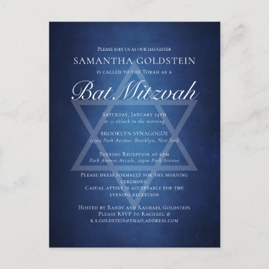 Moderne Blau-Witte Typografie Formele Bat Mitzvah Uitnodiging Briefkaart (Voorkant)