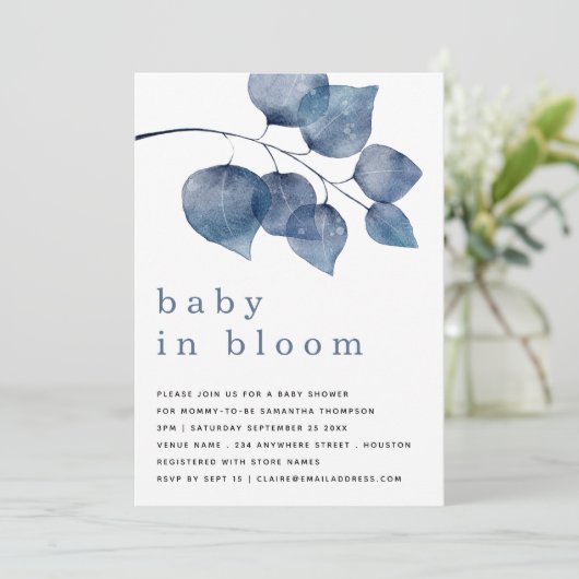 Moderne Blauw Blauw Blauw Foliage Baby in Bloemdou Kaart (Staand voorkant)