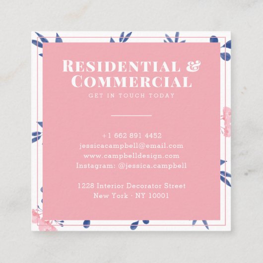 Moderne blauw blozend roze geometrische waterverf  vierkante visitekaartje (Achterkant)