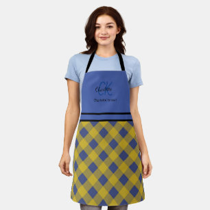 Moderne Blauw en Geel Plakken Monogram Naam Schort