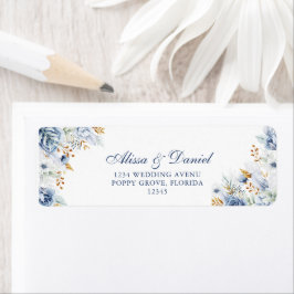 Moderne Blauw en Goud Bloemen Trouwadres Etiket
