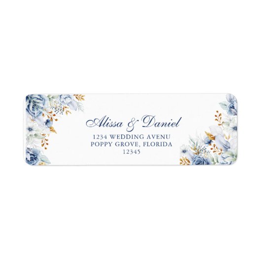 Moderne Blauw en Goud Bloemen Trouwadres Etiket (Voorkant)