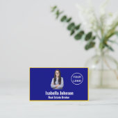Moderne Blauw en Goud Custom Photo Realtor Visitekaartje (Staand voorkant)