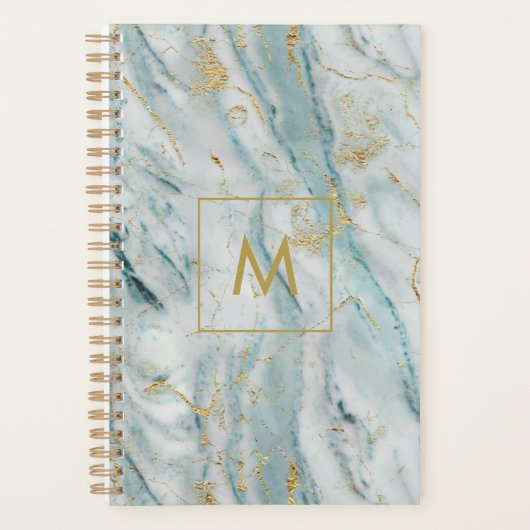 Moderne blauw en goud marmeren textuur monogram planner (Voorkant)